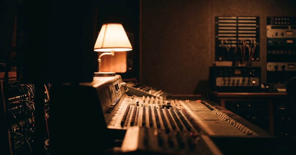 A vintage studio mixing console lit by a single lamp, where producers like Stock Aitken Waterman built royal road progression choruses