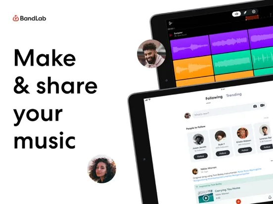 BandLab Mix Editor on mobile — capture a vocal take and immediately layer drums, bass, and virtual instruments in the same session.
