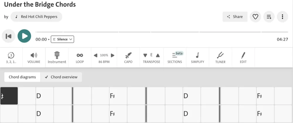 Chordify desktop interface showing a song chord chart with transpose, capo, loop, sections, and tuner controls above the synchronized chord grid