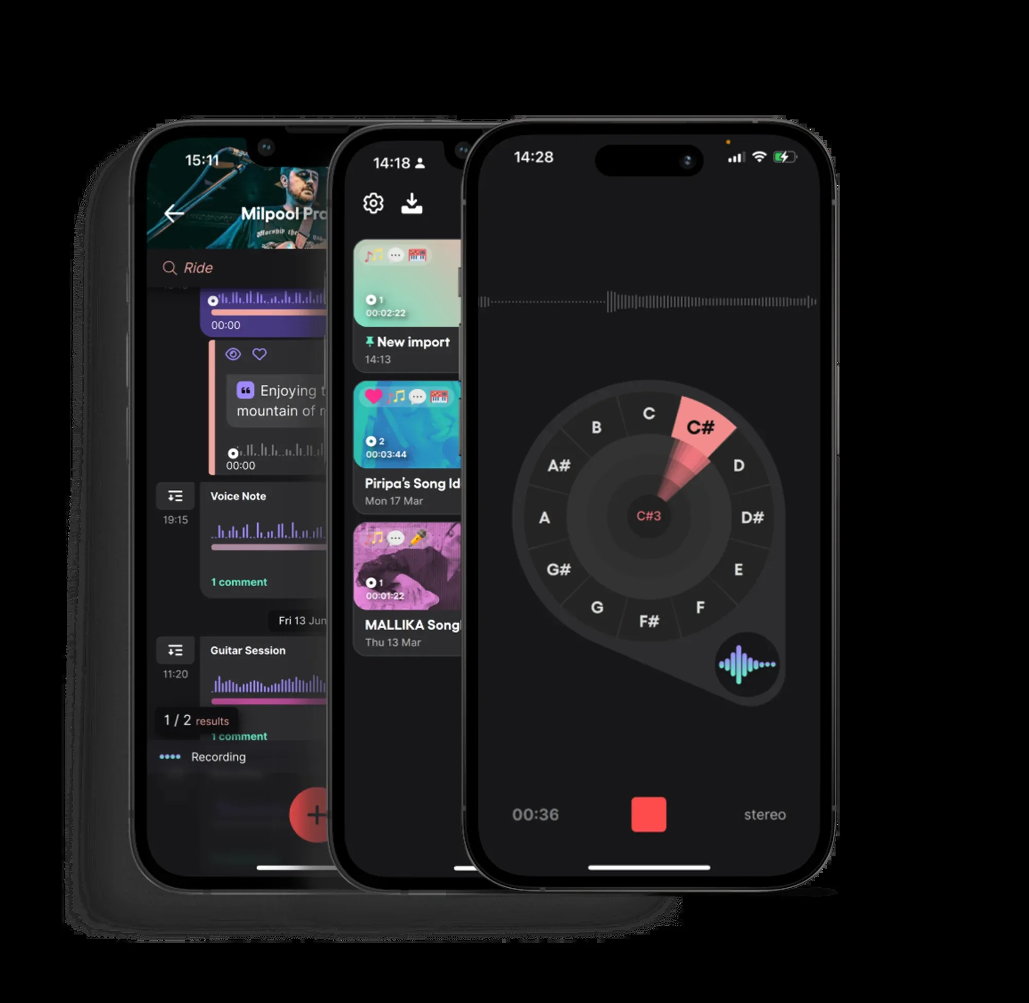 Dubnote auto-splits recordings into sections (verses, hooks, riffs) and detects BPM and lyrics on every voice memo — shown as the notebook view with organized takes.