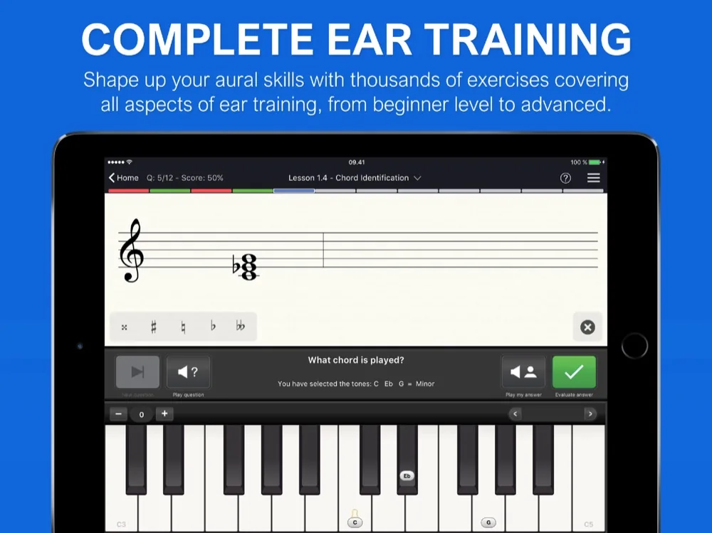 EarMaster chord identification exercise on iPad showing a chord on a treble and bass staff with a piano keyboard and answer buttons below