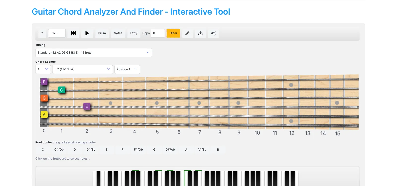 The FaChords interactive guitar chord finder with A m7 selected at Position 1, the voicing marked on a 15-fret fretboard with coloured note labels, a Standard tuning selector, and Lefty, Capo, Drum and microphone controls in the toolbar.