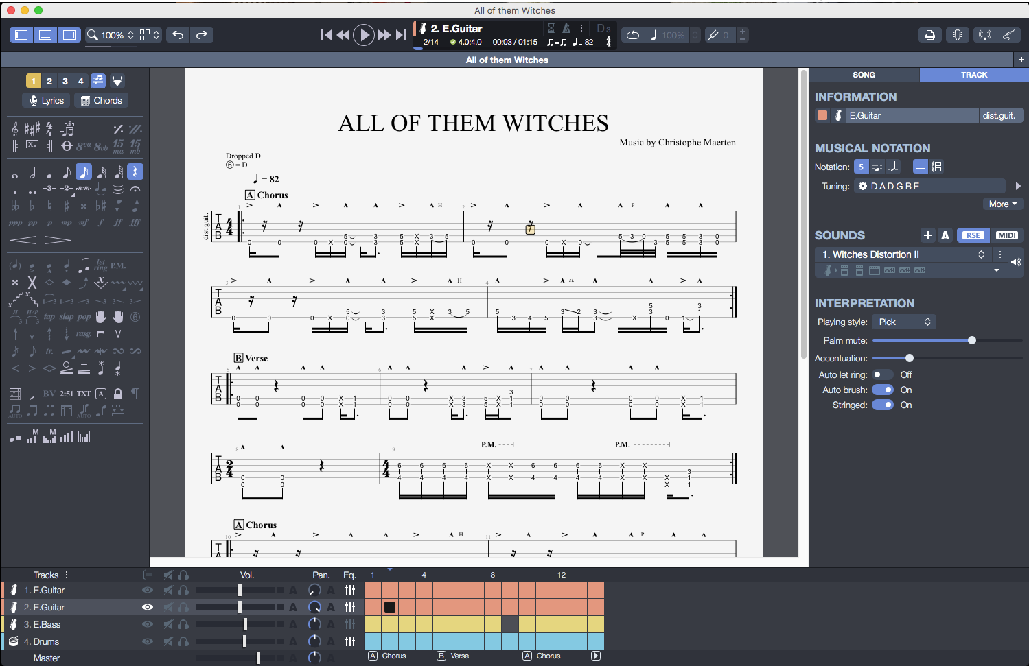 Guitar Pro 8 interface showing tablature notation, multi-track editor, and interpretation panel