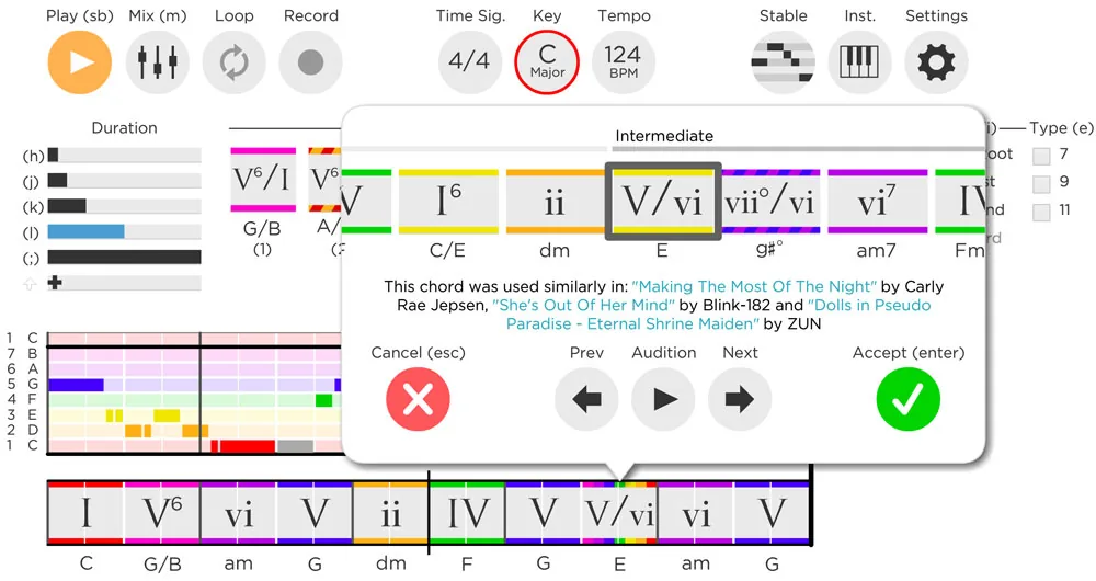 Hookpad songwriting software in the browser showing a chord progression in Roman numeral notation with a melody line above it and the instrument and band tools below