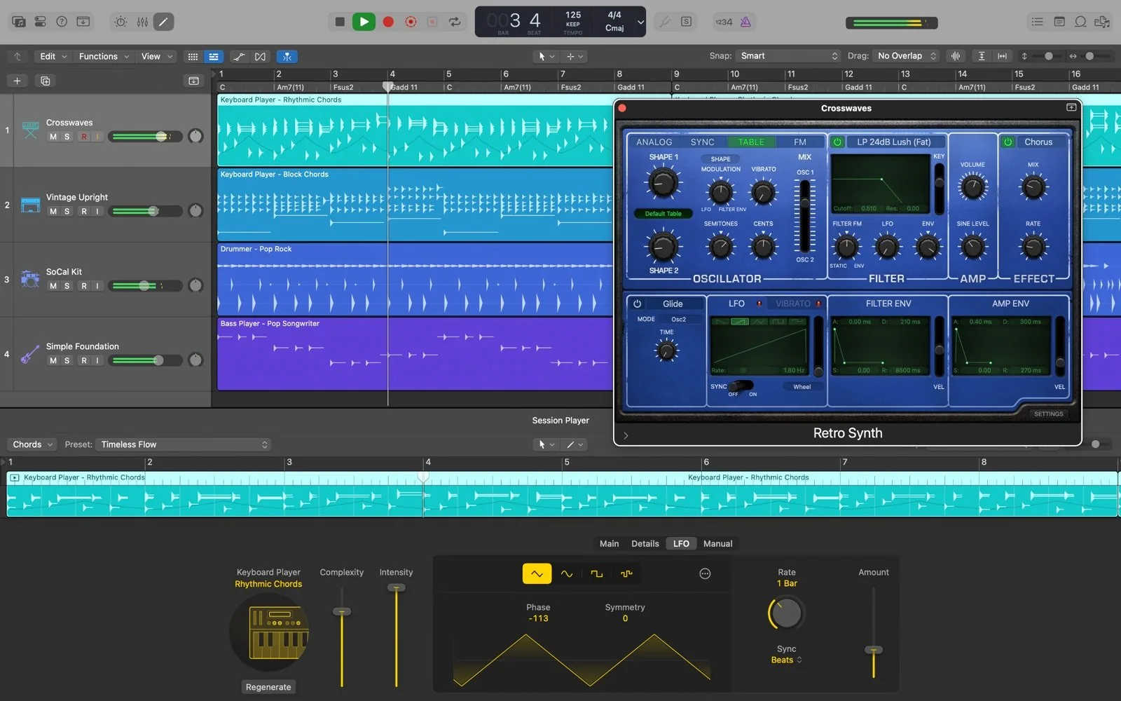 Logic Pro for Mac showing a multi-track arrangement with Session Players (Keyboard Player, Drummer, Bass Player), the Chord Track at the top of the timeline with chord symbols, and the Retro Synth plugin window open — Apple's professional DAW that opens GarageBand projects directly.