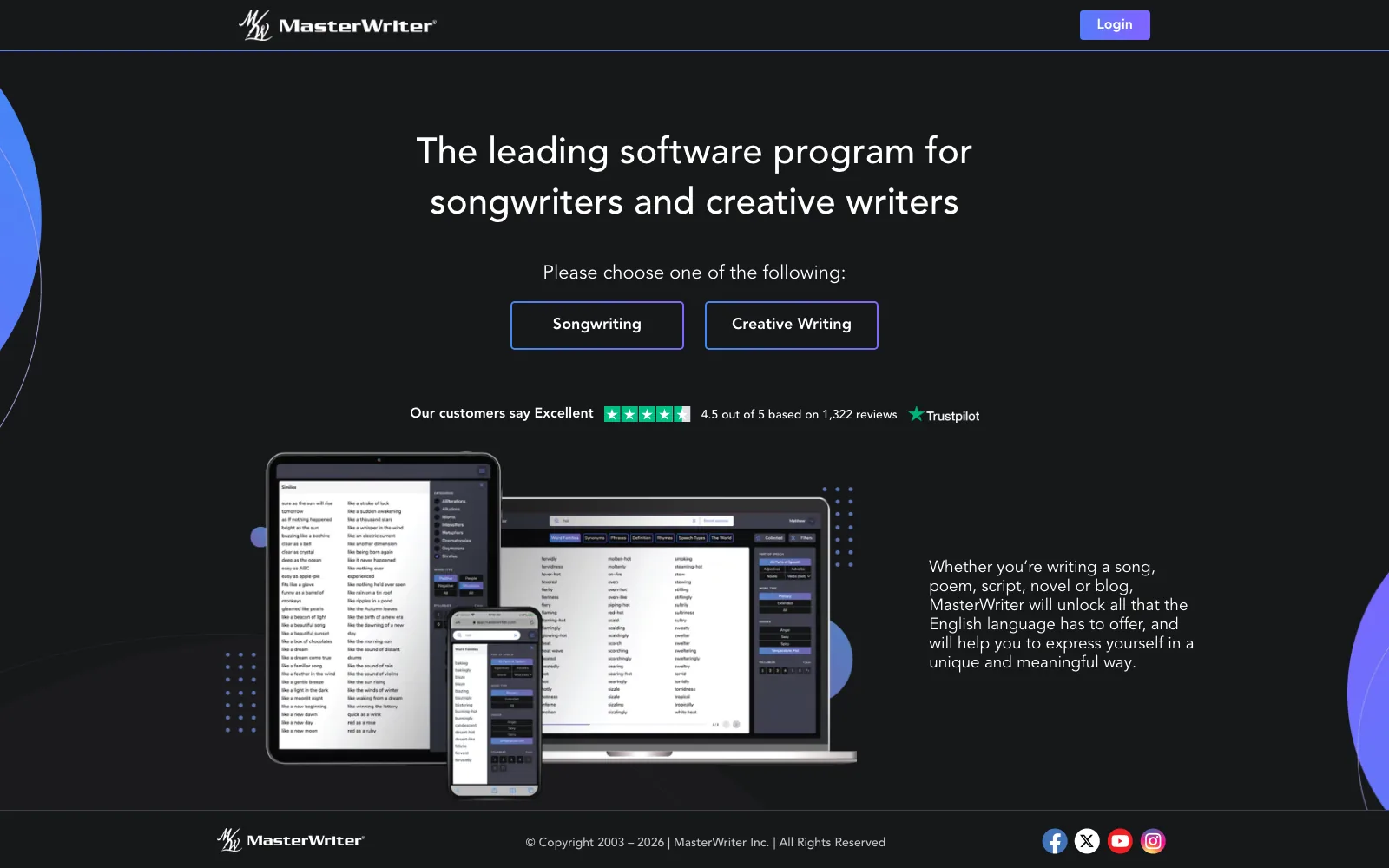MasterWriter landing page showing the songwriting and creative-writing entry points, 4.5/5 Trustpilot rating from 1,322 reviews, and product mockups on laptop and mobile.