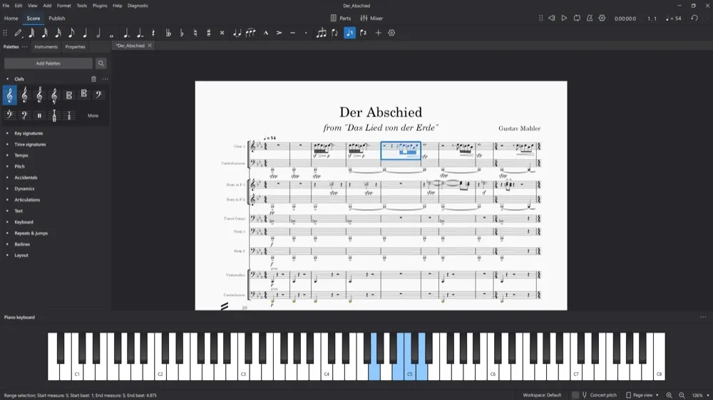 MuseScore Studio 4 in dark mode showing a Mahler orchestral score, palette panel, virtual piano keyboard, and notation toolbar