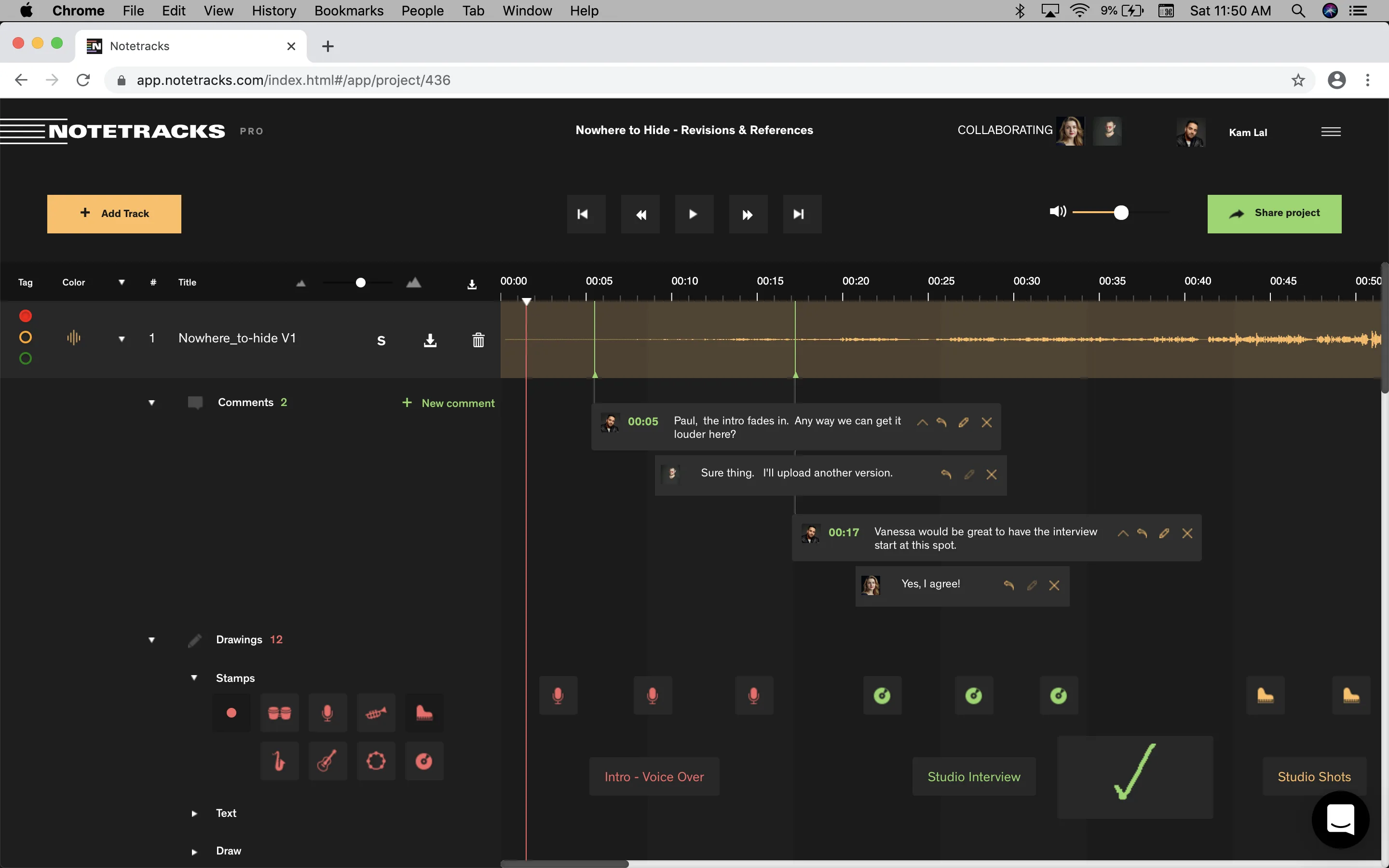 Notetracks collaborative audio review — time-stamped comments pinned to exact moments on the waveform, visible to all co-writers.