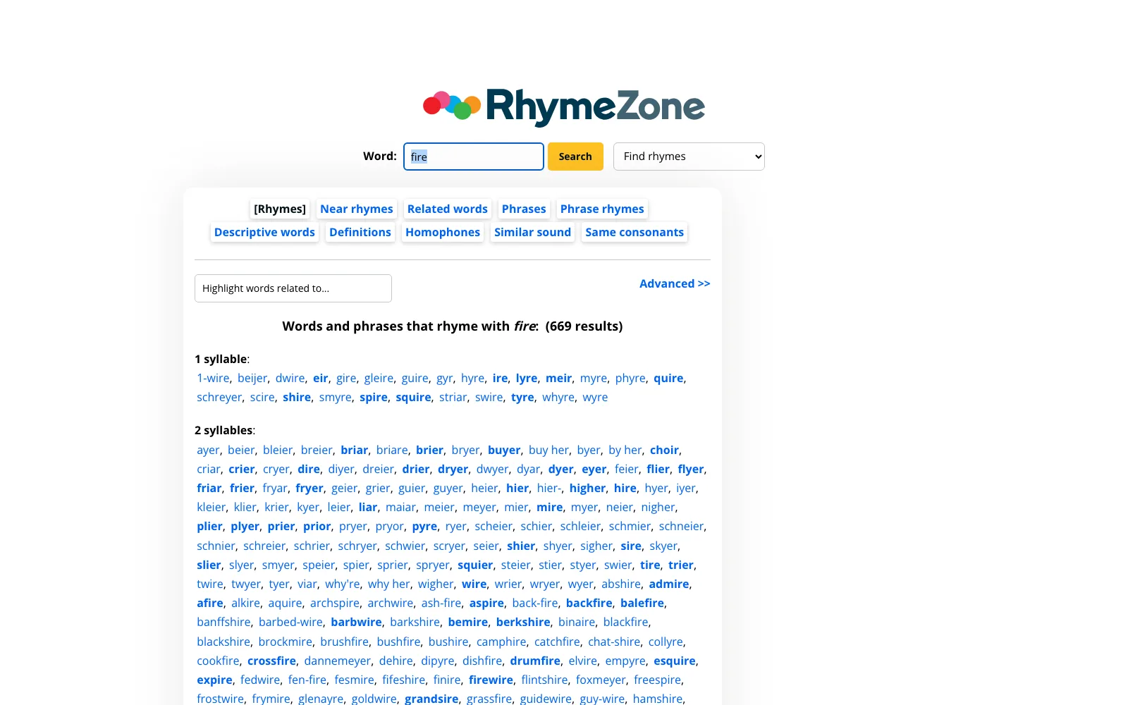RhymeZone search results for the word