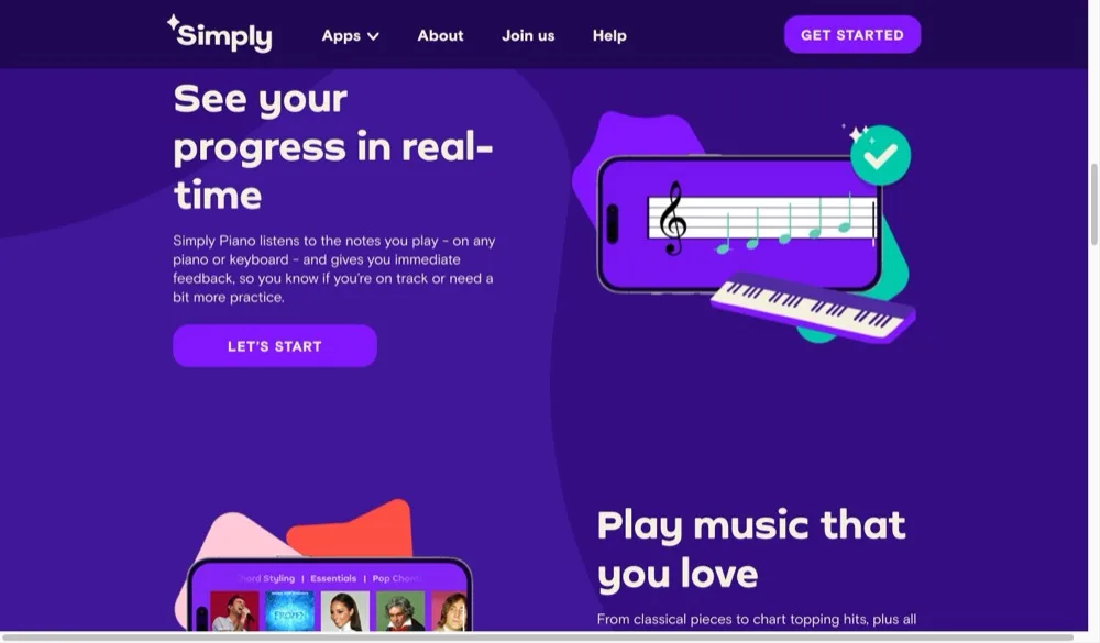 Simply Piano feature page showing real-time feedback on a phone displaying sheet music with a moving cursor while the app listens to the player's piano notes