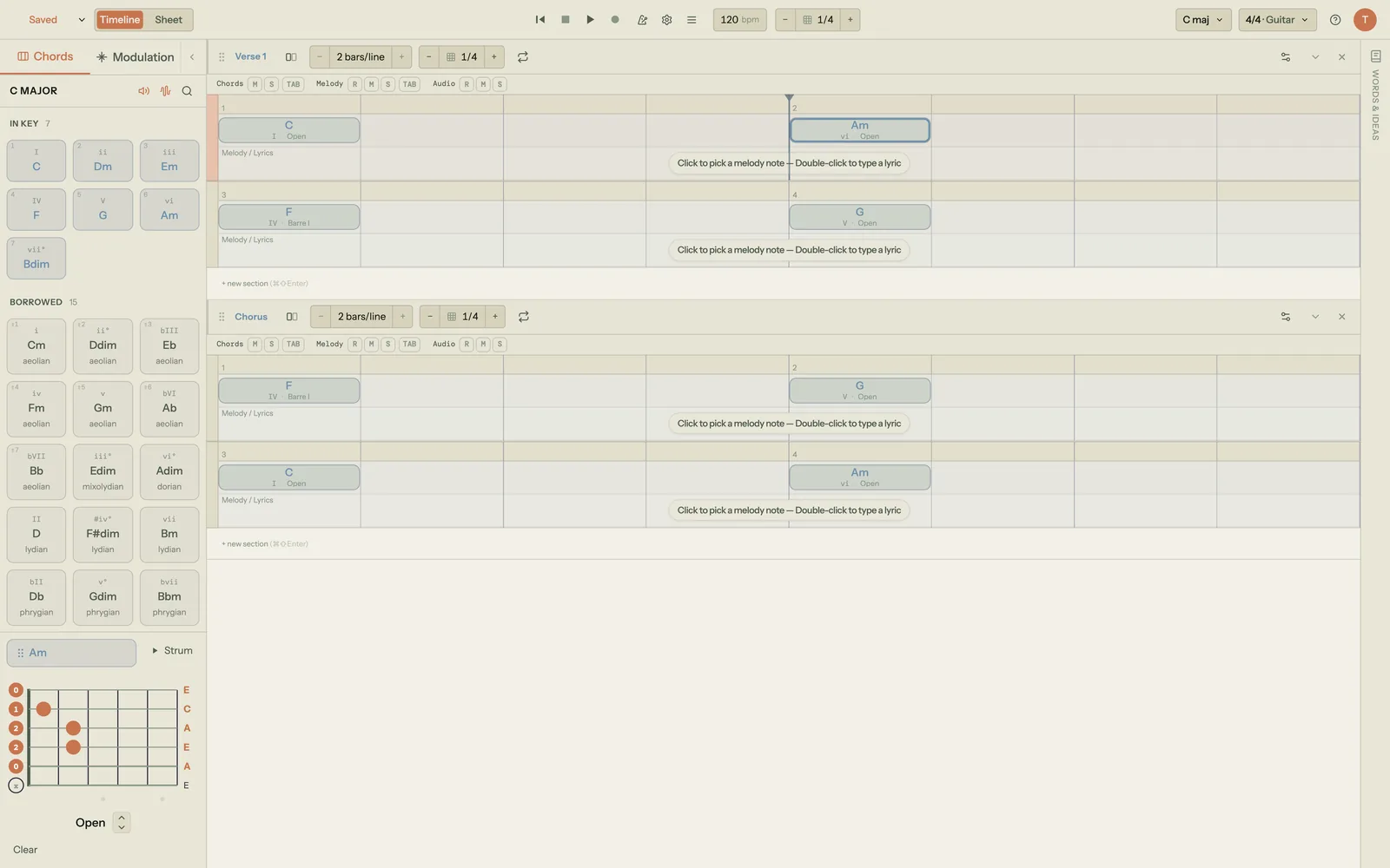 Song Cage showing a song in C major with C, Am, F and G placed one per bar across a verse and chorus, each chord block labelled with its Roman numeral and voicing name, and the selected Am chord's open-position fretboard diagram in the sidebar with finger positions and a muted low E string.