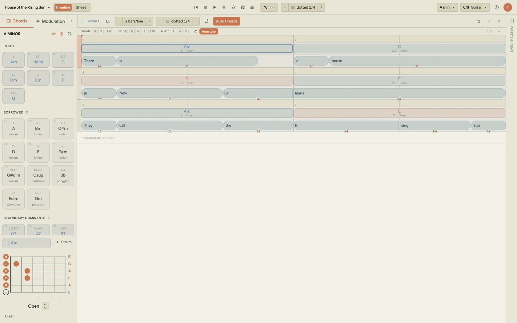 Song Cage chord palette, lyric workspace, and audio recording in one connected canvas — captured chord context next to lyric text and a vocal take.