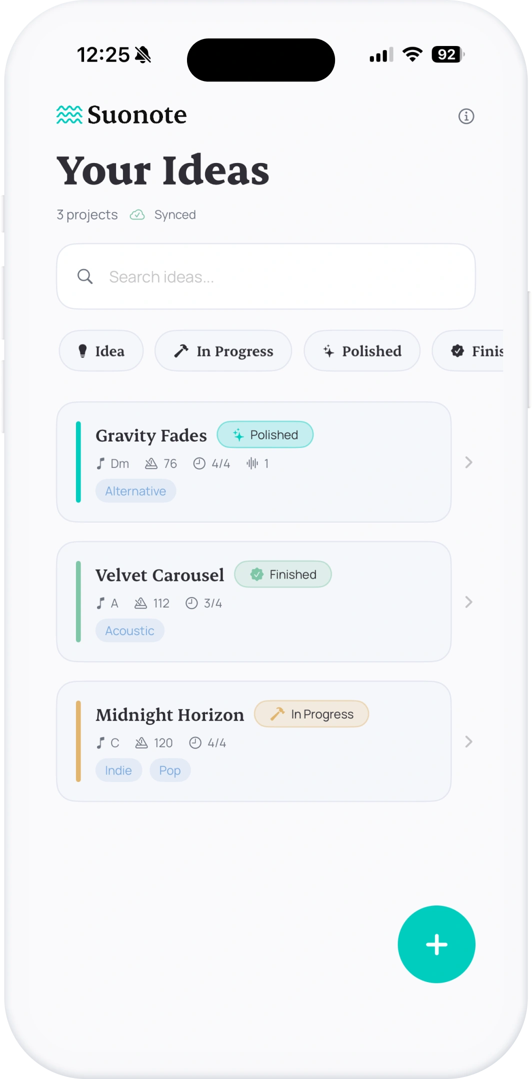 Suonote composition screen on iPhone — sections, chord timeline, lyrics per section, and takes linked to specific song sections.