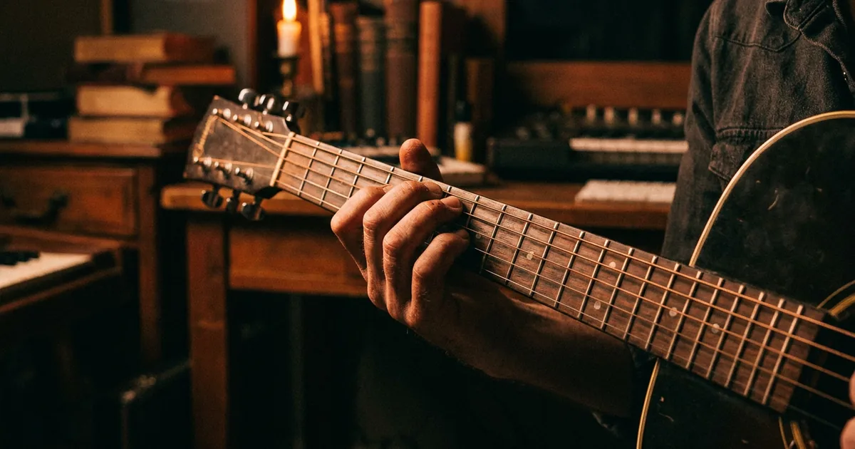 A songwriter's hand forming a chord on an acoustic guitar neck, the stage of songwriting that the new AI music labels do not cover
