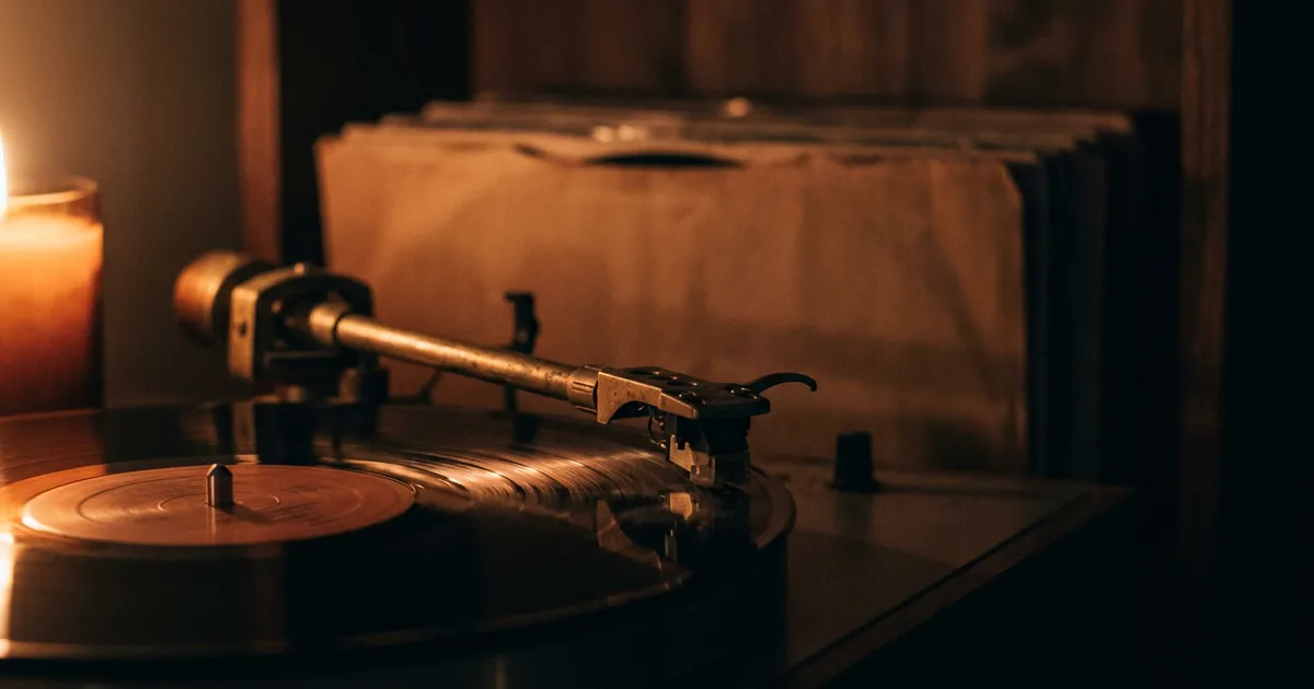 A turntable tonearm on a spinning record, representing songs that use augmented chords