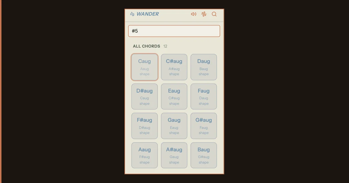 Song Cage chord search showing all twelve augmented chords returned by the #5 query, each with its guitar shape
