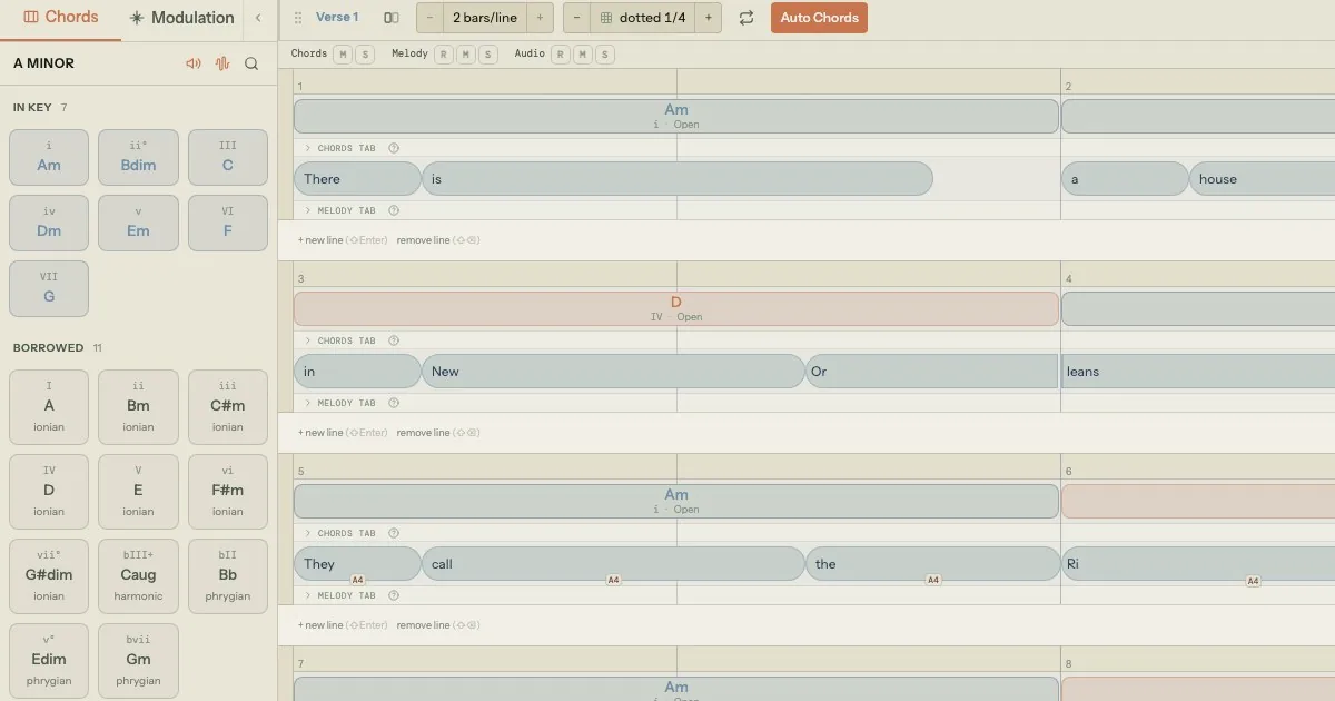 The Song Cage chord palette: in-key chords labeled by scale-degree function and borrowed chords each tagged with the mode they come from, beside a timeline of chords and lyrics.