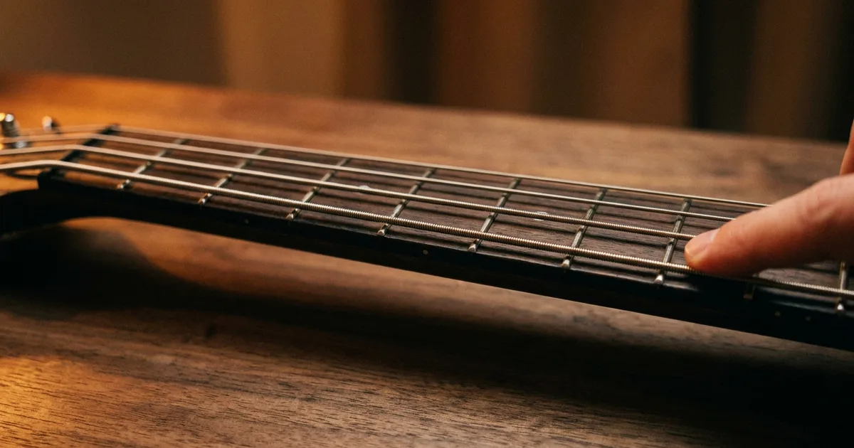 An electric bass neck on a walnut table with a fingertip pressing the lowest string, the low register where a scary chord progression's held bass note does its work