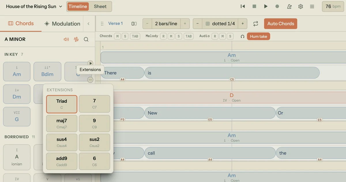 The Song Cage chord palette in the key of A minor with the Extensions menu open, turning the C chord into its 7th: the 7 button gives C7 and the maj7 button gives Cmaj7, with in-key chords labeled by number (i Am, ii diminished B, iv Dm)
