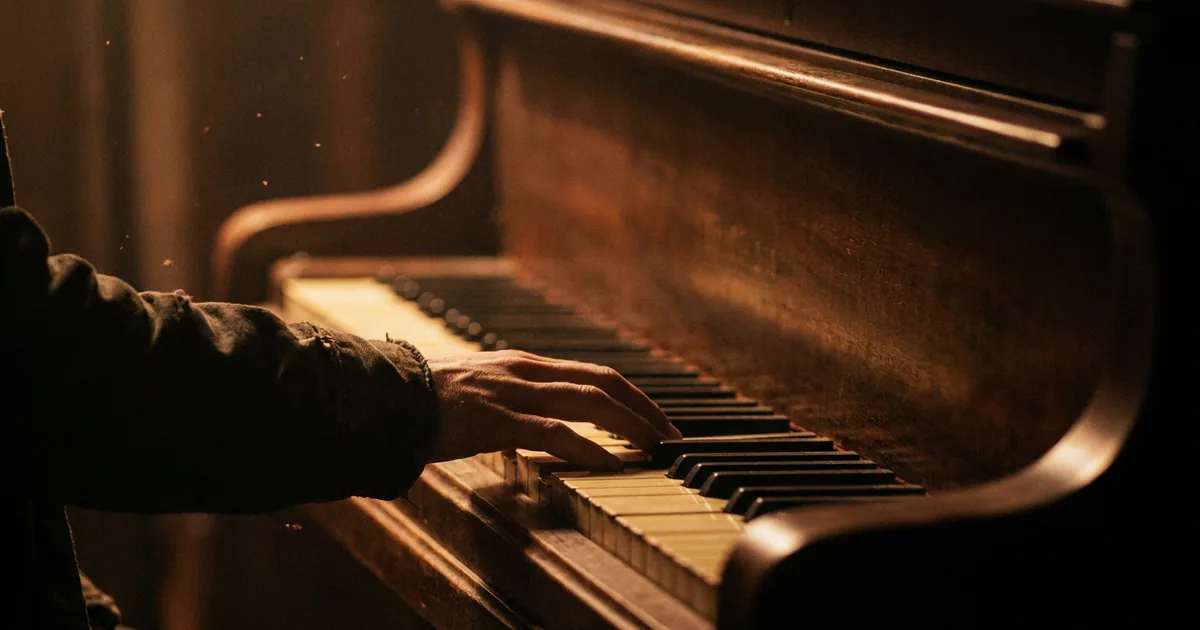 A hand playing a chord on piano keys in warm amber light, illustrating how to build a major 7th chord by adding one note above a triad