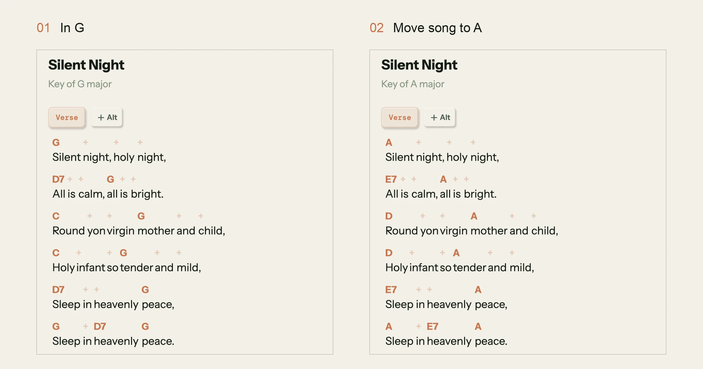 Silent Night verse 1 in Song Cage's Sheet view with chords over the words in G, and the same verse after Move song to A, where G, C and D7 become A, D and E7