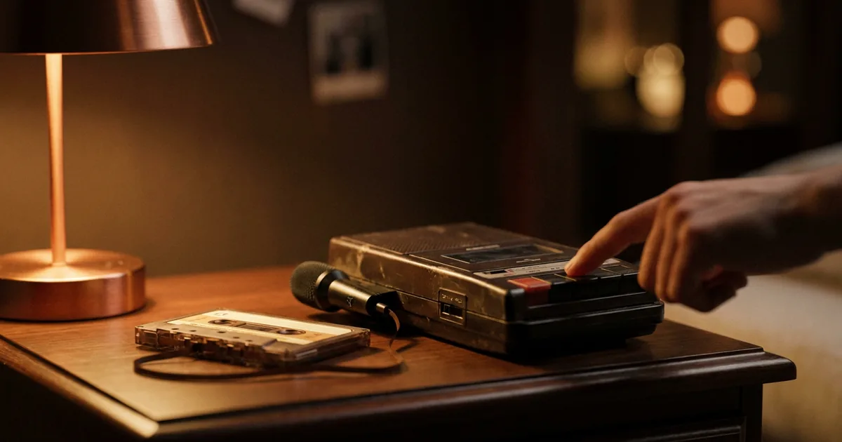 A hand pressing record on a bedside cassette recorder to capture a song idea before it fades, the way Keith Richards caught the Satisfaction riff in his sleep