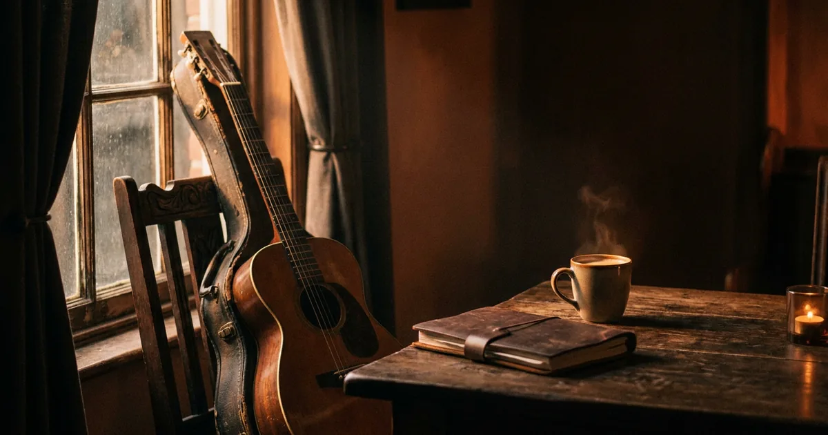 A songwriter's morning setup for generating song ideas: an acoustic guitar, a closed notebook, and coffee lit by window light, the daily habit behind a full idea bank