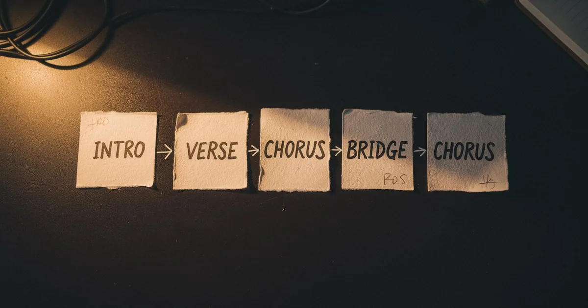 Song sections laid out in order as labeled cards reading intro, verse, chorus, bridge, chorus, showing song structure as reorderable blocks