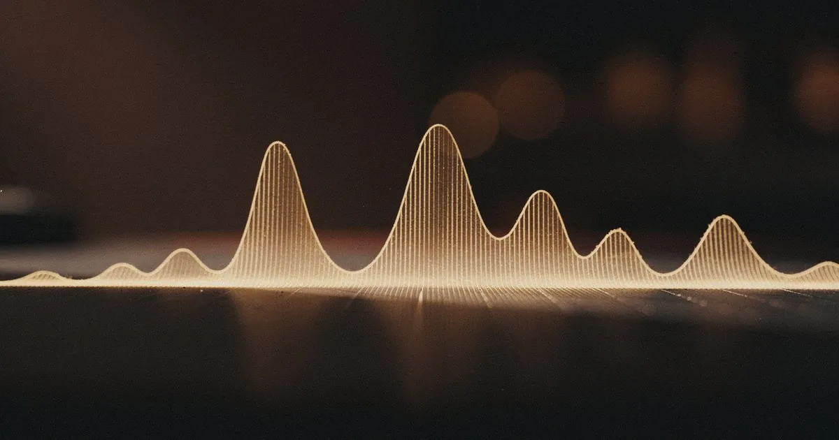 A glowing gold waveform rising into peaks and falling into valleys, representing a song's energy arc of tension and release across its sections