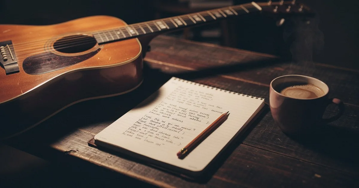 An acoustic guitar beside an open notebook of handwritten verse and chorus lyrics on a dark desk, the starting point for building a song's structure
