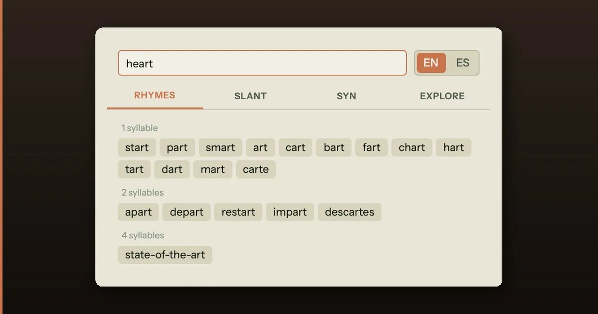 Song Cage Words panel showing rhymes for the word heart grouped by syllable count, beside the lyric workspace