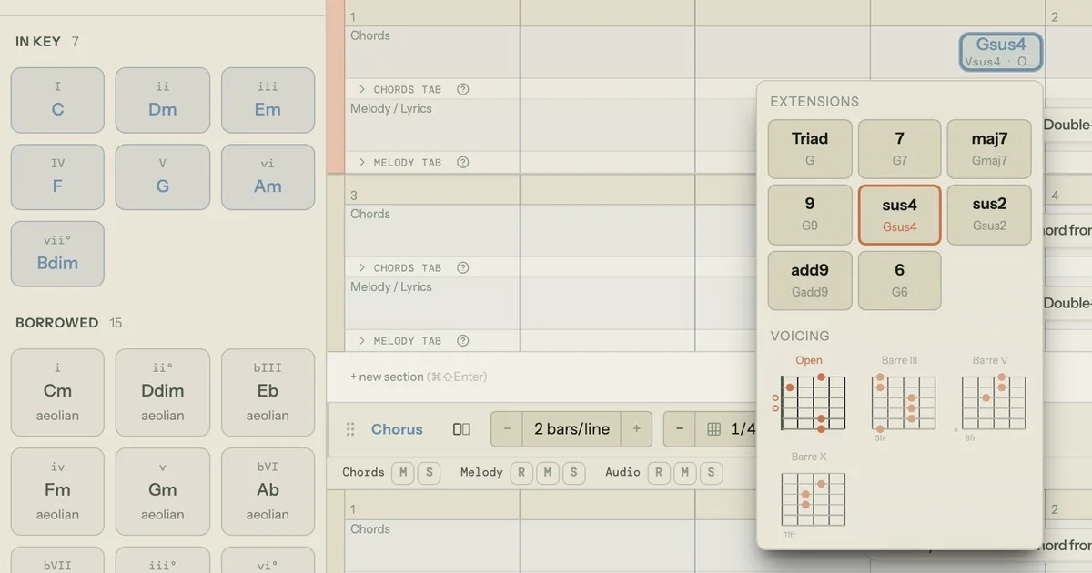 The Song Cage chord palette in C major with a G chord switched to sus4: the extensions panel shows sus4 (Gsus4) and sus2 (Gsus2), the chord is labeled Vsus4, and guitar voicings appear below