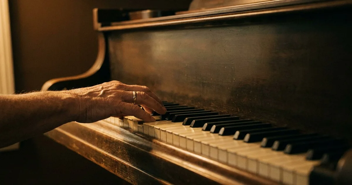 A hand on piano keys playing a suspended chord, illustrating how a sus2 or sus4 swaps the middle note of a triad for the note next door