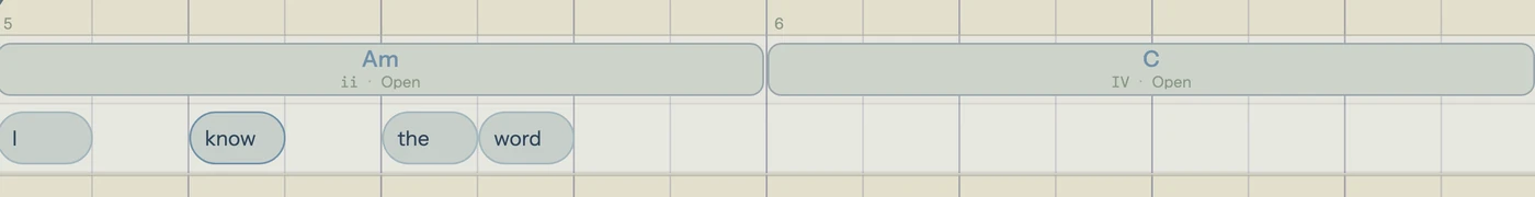 Song Cage timeline at a 1/8 grid division: in bar five the words I, know and the each start on beats one, two and three, while the last word starts on the eighth note in between, arriving early and off the beat.
