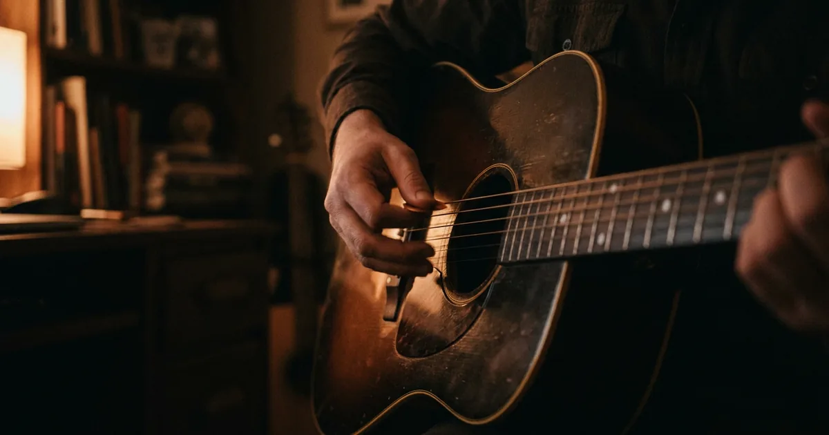Syncopation in songwriting: a hand caught mid-strum across the strings of an acoustic guitar, the pick blurred by motion.