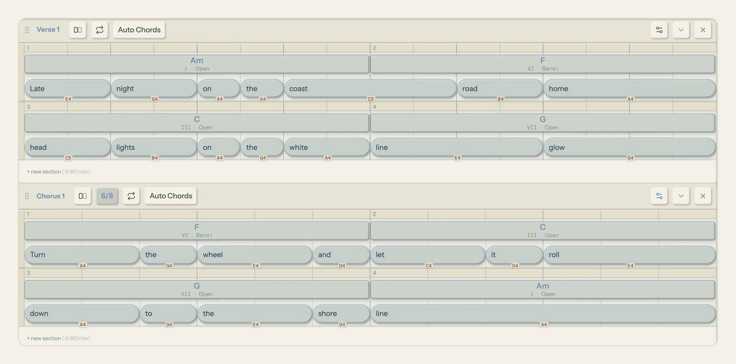 Song Cage timeline with a song in 4/4 and a chorus set to its own 6/8 time signature: Verse 1 shows eight eighth-note grid columns per bar under Am, F, C and G, while Chorus 1 carries a 6/8 badge and shows six columns per bar in two groups of three under F, C, G and Am.