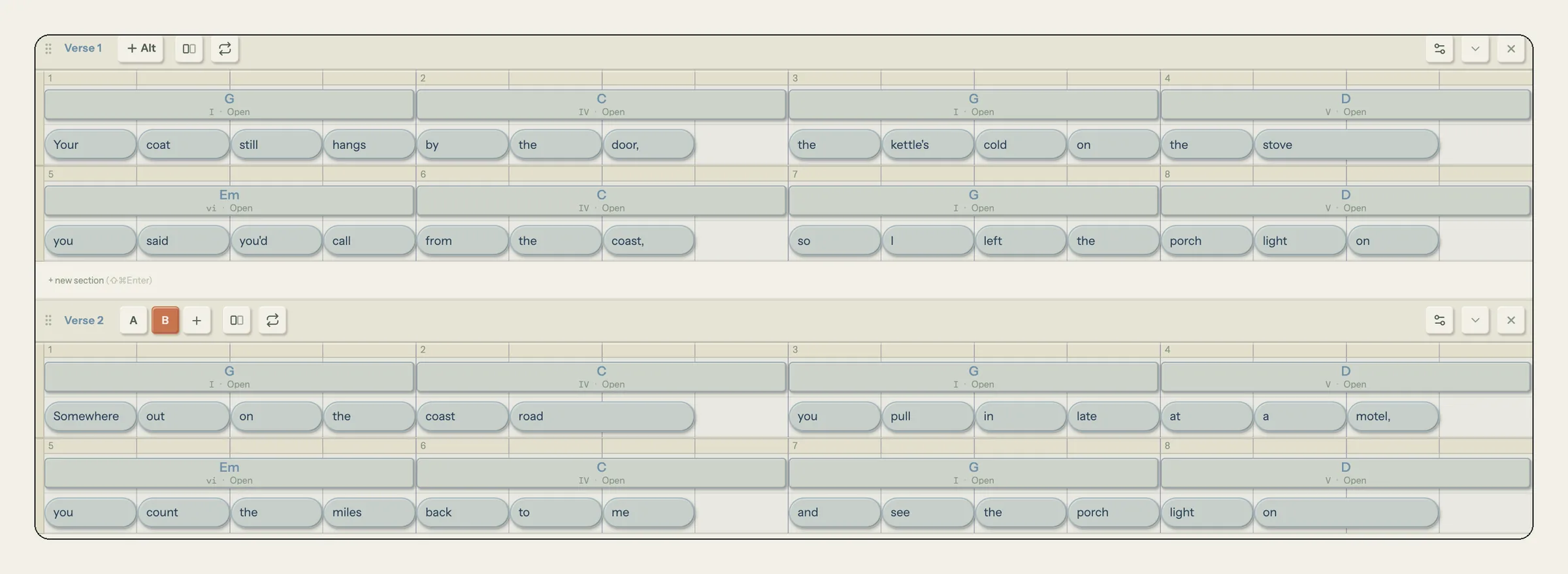 Song Cage timeline with Verse 1 and Verse 2 of a song called Porch Light at four bars per line, G C G D and Em C G D under each verse; Verse 2 shows two alt tabs, A and B, with version B of the second verse showing