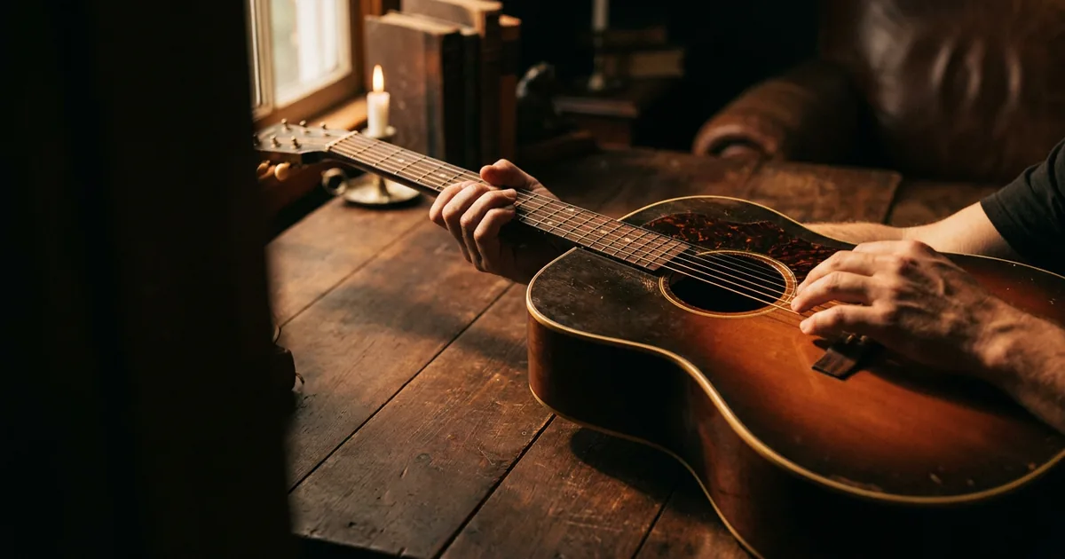 A songwriter working out the chords between a verse and a chorus on an acoustic guitar