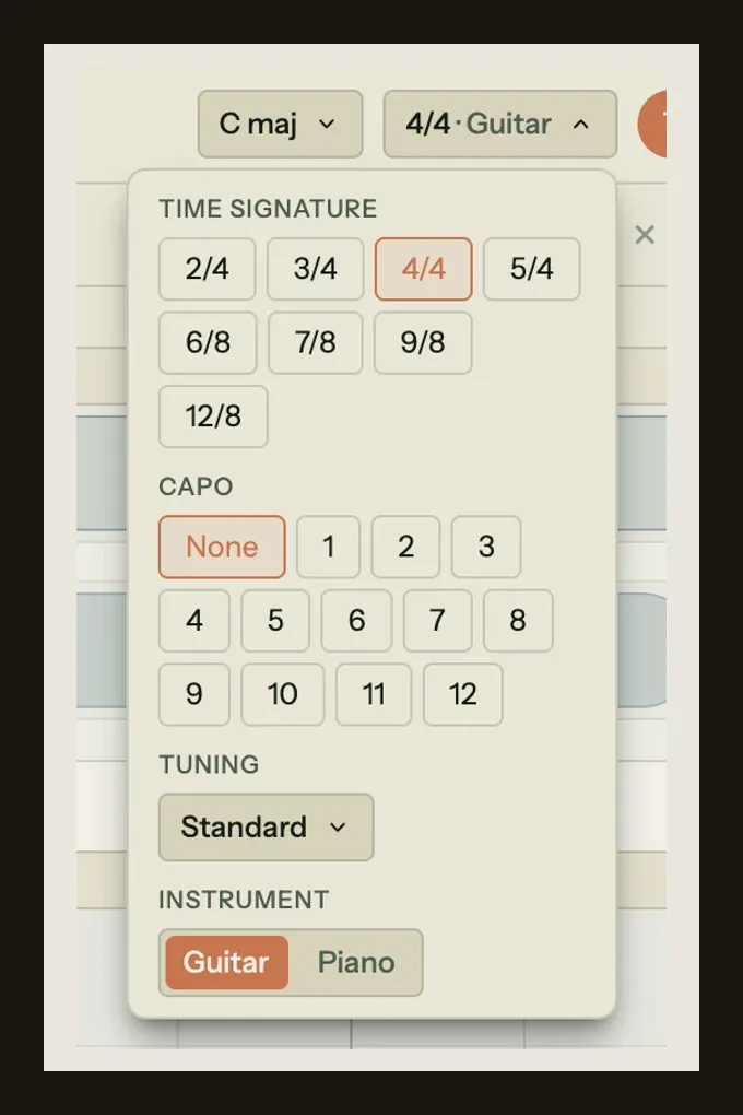 Song Cage toolbar panel showing the song key chip set to C maj alongside the capo selector offering None and frets 1 to 12, plus tuning and a Guitar or Piano instrument toggle