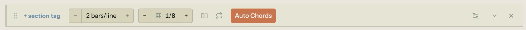 Section nav row with the Auto Chords button: drag handle, "+ section tag" placeholder, "2 bars/line" stepper, "1/8" grid-division stepper, double/loop icons, the terracotta Auto Chords button, then settings / collapse / remove icons on the right