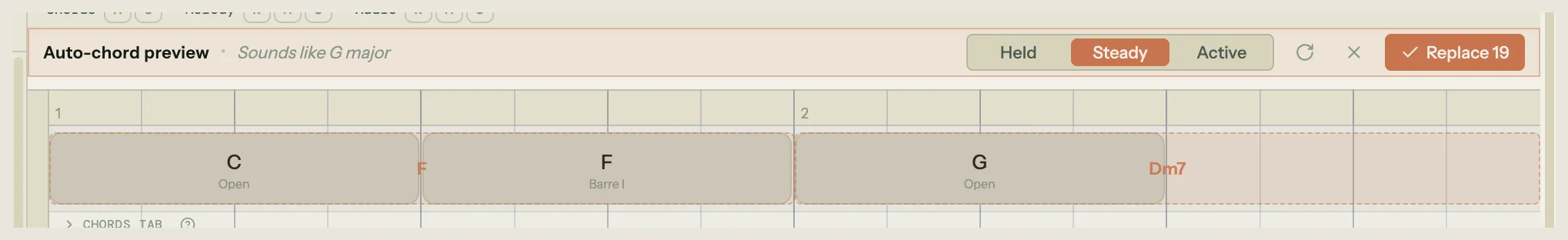 Auto-chord preview bar reading "Auto-chord preview · Sounds like G major" with a Held / Steady / Active flavor slider (Steady selected), Regenerate, Cancel, and a "Replace 19" Accept button on the right, above the chord lane where the section's existing chord blocks are hidden and only the dashed-outline ghost preview blocks (F, Dm7) showing the generated progression are visible