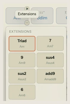 Extension popover for Am showing seven buttons in a two-column grid: Triad (Am, currently selected with a border), 7 (Am7), 9 (Am9), sus4 (Asus4), sus2 (Asus2), add9 (Amadd9), and 6 (Am6)