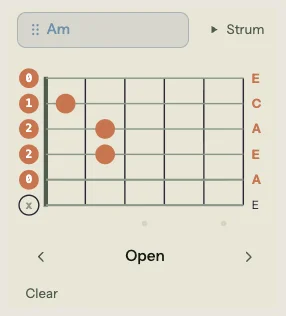Guitar voicing panel for Am showing a mini fretboard with the open Am chord shape (x-0-2-2-1-0), string note labels (E, A, E, A, C, E), a Strum preview button, left and right arrows for browsing voicings, and "Open" as the current voicing type label