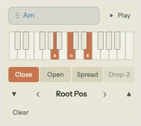 Piano voicing panel for Am showing a mini keyboard with three keys highlighted in orange (A, C, E), a Play preview button, four voicing type buttons (Close selected, Open, Spread, Drop-2), and a "Root Pos" inversion label with left/right arrows and octave shift controls