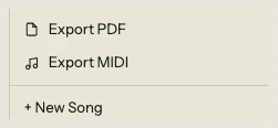 Song menu showing Export PDF and Export MIDI options with document and music icons