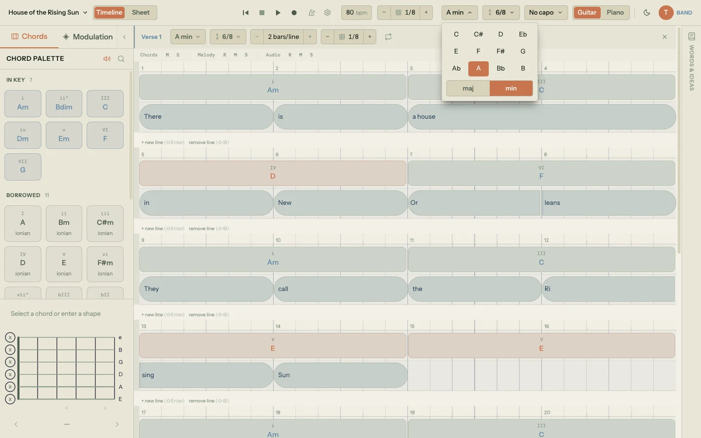 Key picker dropdown open from the toolbar key chip, showing a grid of root notes (C, C-sharp, D, E-flat, E, F, F-sharp, G, A-flat, A, B-flat, B) with A highlighted, and a maj / min mode toggle at the bottom with min selected