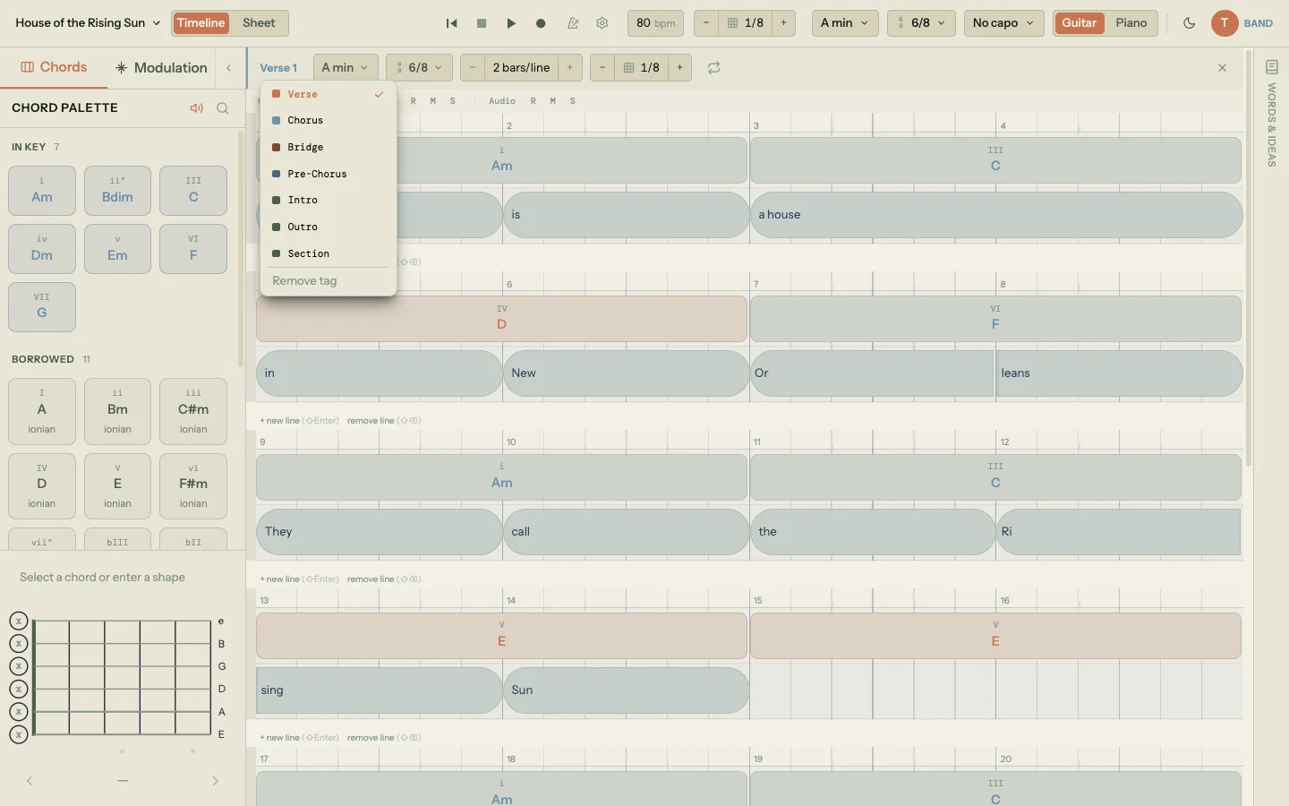 Section type picker dropdown open from the Verse 1 section header, showing the options Verse (selected with a checkmark), Chorus, Bridge, Pre-Chorus, Intro, Outro, Section, and Remove tag