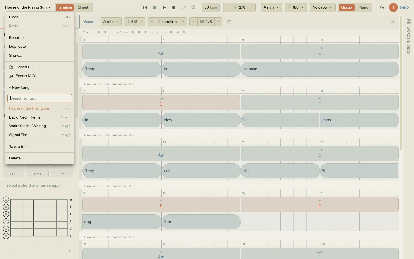 Song menu dropdown open in the top-left of Song Cage, showing Undo / Redo / Rename / Duplicate / Share, Export PDF and MIDI, the + New Song button, a Search songs field, a recent songs list with House of the Rising Sun highlighted as the current song followed by Back Porch Hymn, Waltz for the Waiting, and Signal Fire, plus Take a tour and Delete options