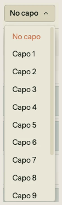 Capo dropdown open in the toolbar showing "No capo" button with options from No capo through Capo 6 visible in the list