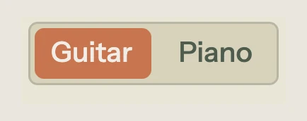 Instrument toggle in the toolbar showing Guitar selected on the left and Piano on the right, with a gold slider under Guitar indicating the active mode. The toggle sits between the transport controls and the view toggle in the top toolbar
